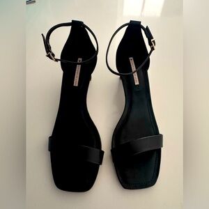 Black Leather slim block heels sandals